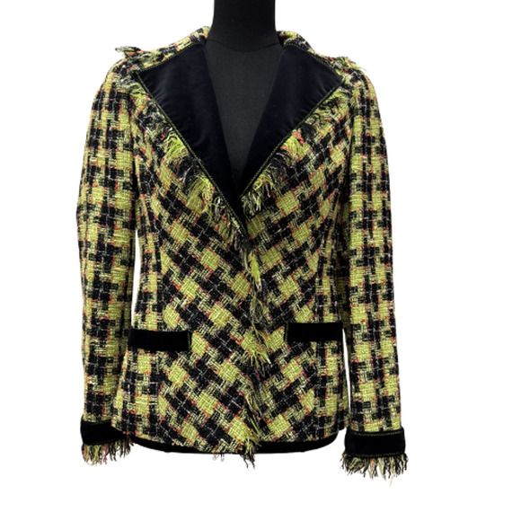 HIROKO KOSHINO Japanese Tweed Plaid Jacket Frayed Trim Velvet Collar Wool Blend - Picture 4 of 7